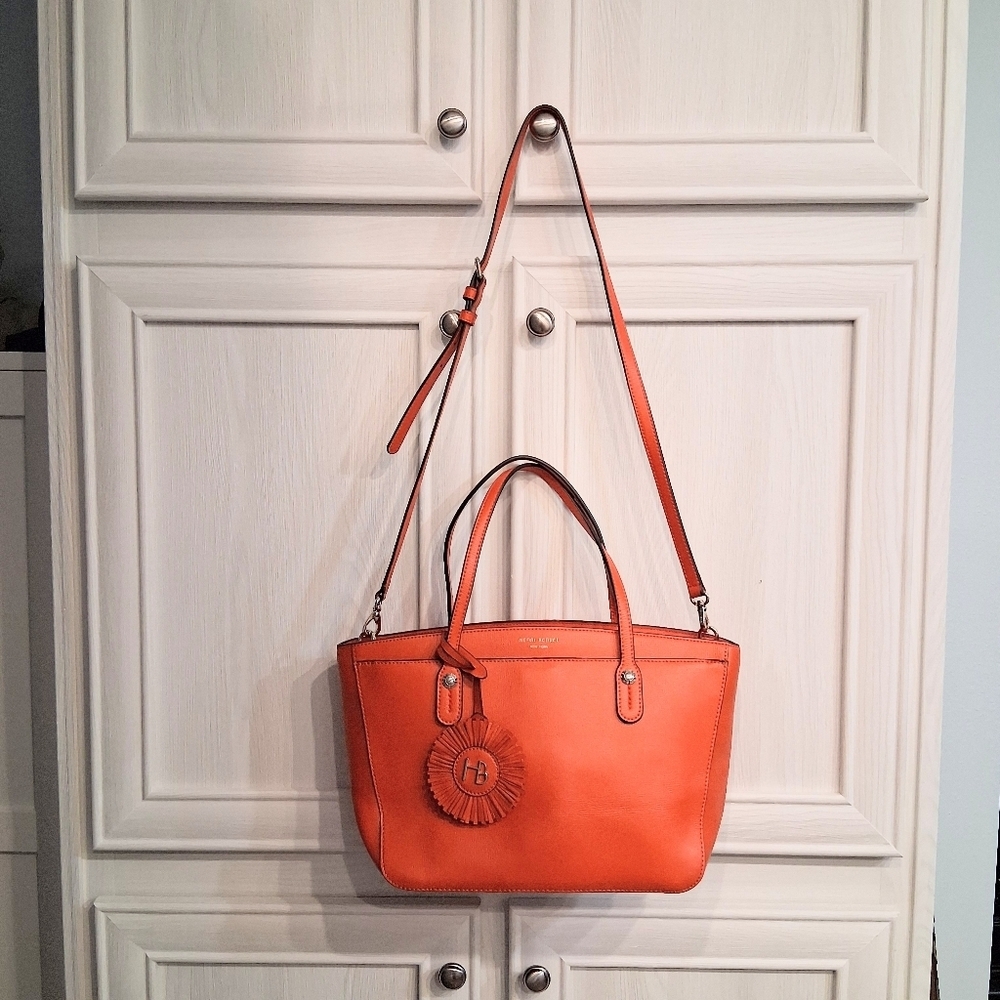 Henri Bendel Shoulder Bag Leather Sunburst Orange Red Satchel Handbag  Strap - Picture 5 of 17